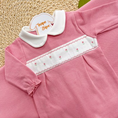 Saída de Maternidade Tricotil (Tricot 100% Algodão) - Rose com Flores Bordadas
